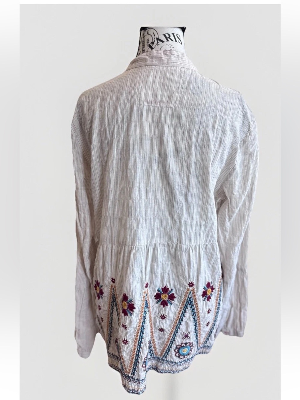 Johnny Was 3J Workshop embroidered striped floral boho prairie button down top M - Picture 4 of 12